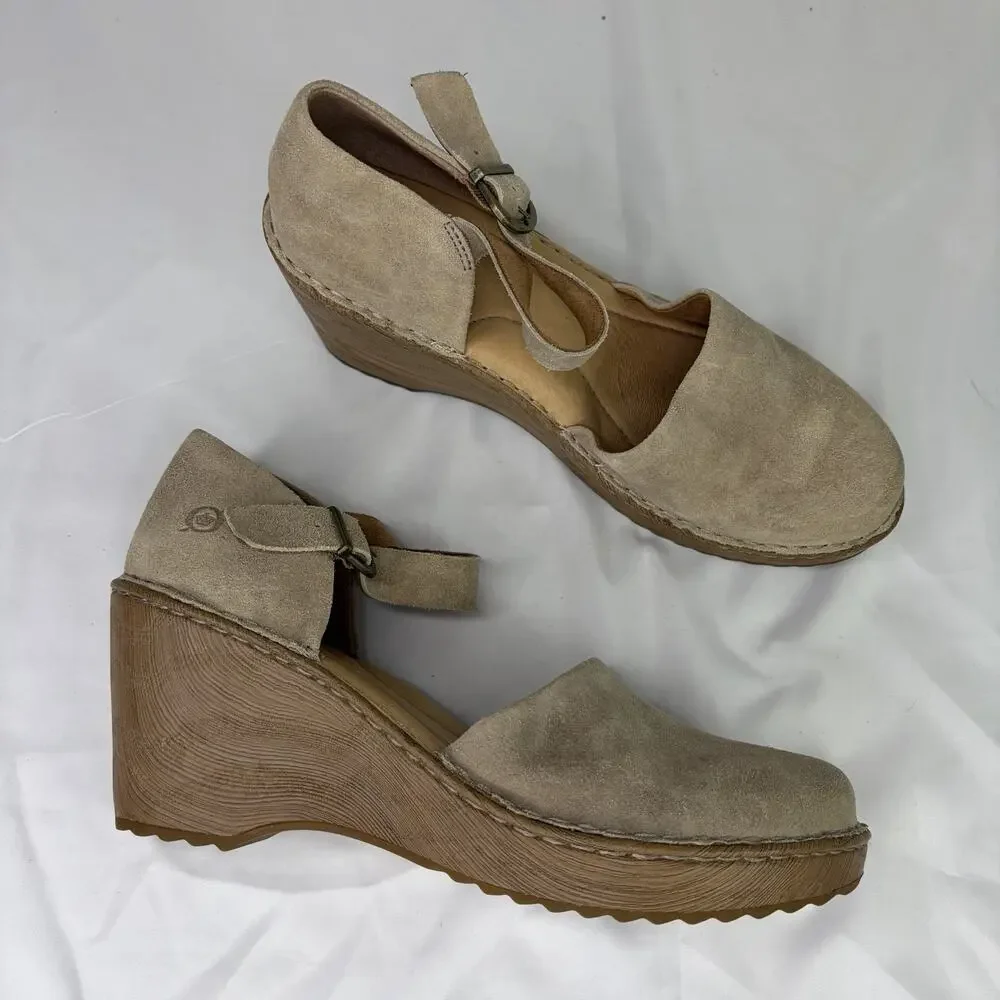 Born Nellie Wedge Mary Jane Leather Shoes Suede Tan Color Size 11M, boho-chic